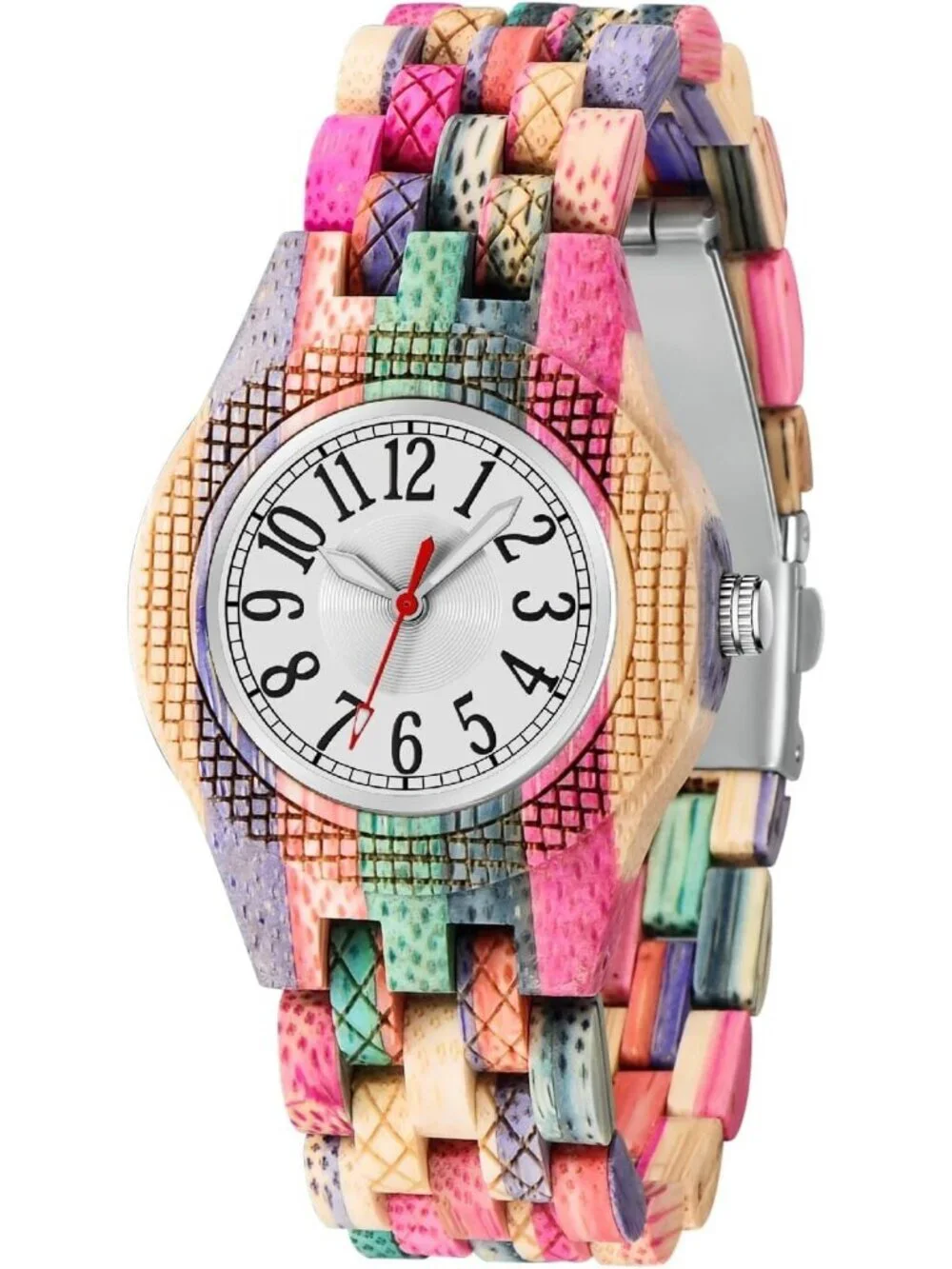 Women's Multi Colorful White Analog Quartz Couples Bamboo Classic Wooden Watch